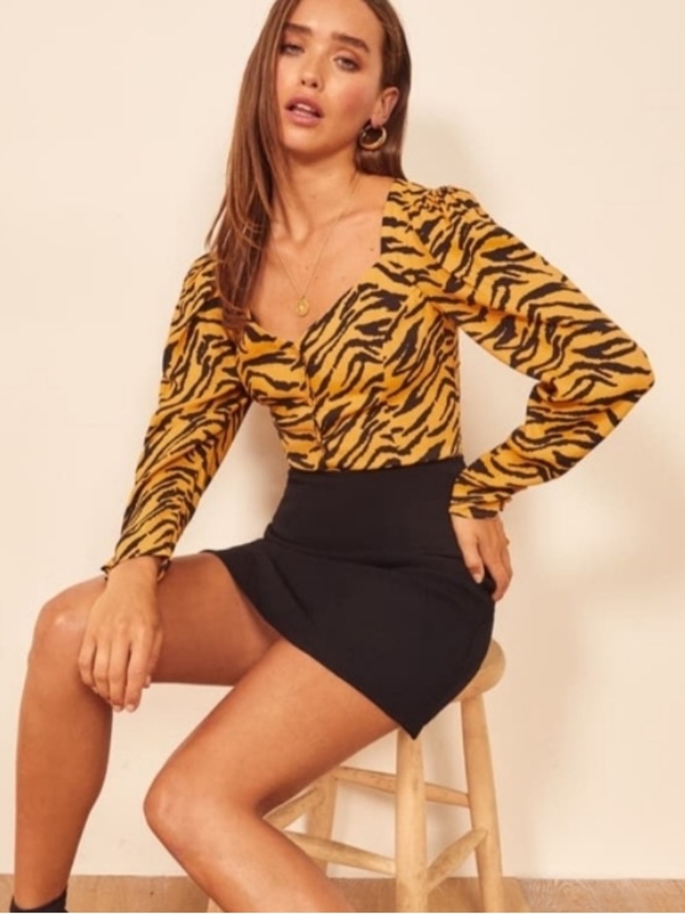 REFORMATION Notta Tiger Print Front Button Revolve Top